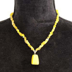 Vintage Yellow & Silver Beaded Necklace With Drop Pendant